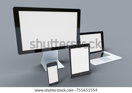 3d Digital templates of different devices 3d illustration of :computer monitor, smartphone tablet , laptop Royalty-Free Stock Photo #755651554