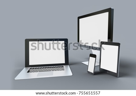 3d Digital templates of different devices 3d illustration of :computer monitor, smartphone tablet , laptop Royalty-Free Stock Photo #755651557