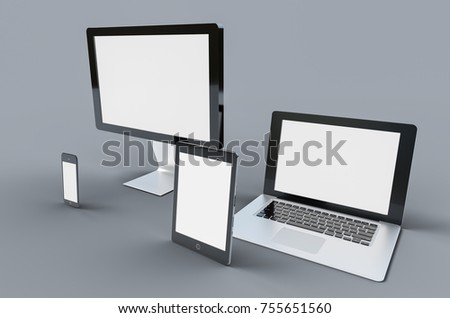 3d Digital templates of different devices 3d illustration of :computer monitor, smartphone tablet , laptop Royalty-Free Stock Photo #755651560