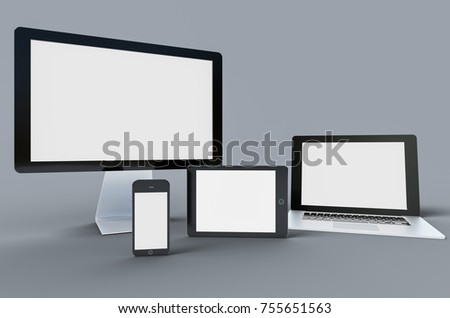3d Digital templates of different devices 3d illustration of :computer monitor, smartphone tablet , laptop Royalty-Free Stock Photo #755651563
