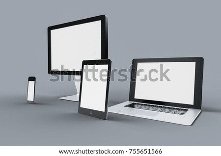 3d Digital templates of different devices 3d illustration of :computer monitor, smartphone tablet , laptop Royalty-Free Stock Photo #755651566