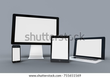3d Digital templates of different devices 3d illustration of :computer monitor, smartphone tablet , laptop Royalty-Free Stock Photo #755651569