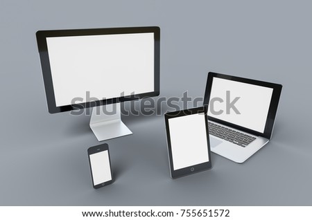 3d Digital templates of different devices 3d illustration of :computer monitor, smartphone tablet , laptop Royalty-Free Stock Photo #755651572