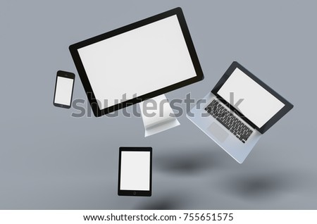 3d Digital templates of different devices 3d illustration of :computer monitor, smartphone tablet , laptop Royalty-Free Stock Photo #755651575