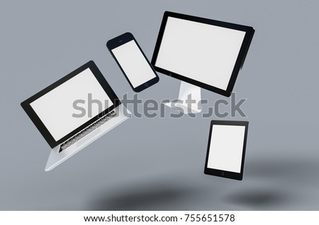 3d Digital templates of different devices 3d illustration of :computer monitor, smartphone tablet , laptop Royalty-Free Stock Photo #755651578