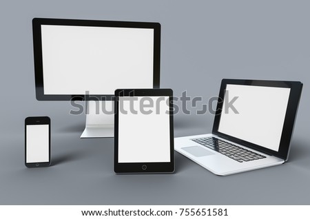 3d Digital templates of different devices 3d illustration of :computer monitor, smartphone tablet , laptop Royalty-Free Stock Photo #755651581