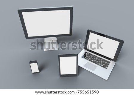 3d Digital templates of different devices 3d illustration of :computer monitor, smartphone tablet , laptop Royalty-Free Stock Photo #755651590