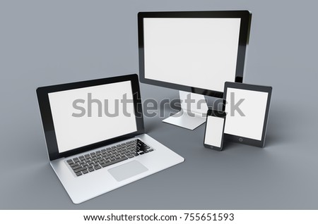 3d Digital templates of different devices 3d illustration of :computer monitor, smartphone tablet , laptop Royalty-Free Stock Photo #755651593