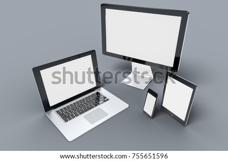 3d Digital templates of different devices 3d illustration of :computer monitor, smartphone tablet , laptop Royalty-Free Stock Photo #755651596