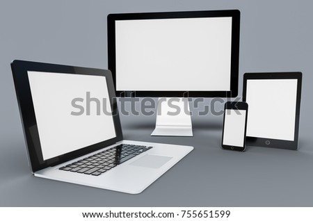 3d Digital templates of different devices 3d illustration of :computer monitor, smartphone tablet , laptop Royalty-Free Stock Photo #755651599