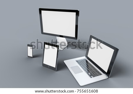 3d Digital templates of different devices 3d illustration of :computer monitor, smartphone tablet , laptop Royalty-Free Stock Photo #755651608
