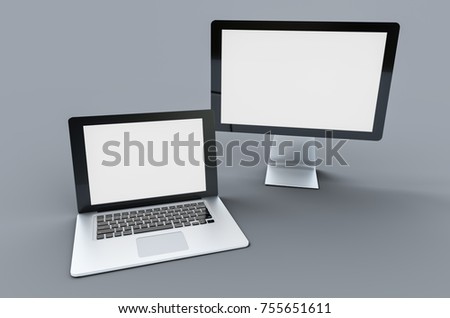 3d Digital templates of different devices 3d illustration of :computer monitor, smartphone tablet , laptop Royalty-Free Stock Photo #755651611