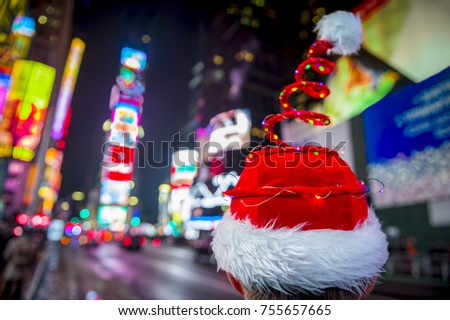 Santa hat with colorful Christmas lights in Times Square, New York City