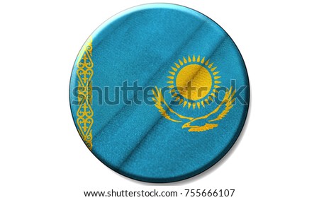 Flag of Kazakhstan on a fabric texture in a circle, the image in the form of an icon is isolated on a white background.