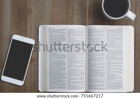Bible Study Coffee Break, script blurred Royalty-Free Stock Photo #755667217