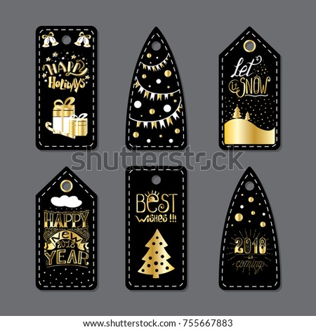 Merry Christmas Label Badge. Set of six printable hand drawn holiday cards templates. Vector seasonal labels design.