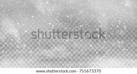 Falling Christmas Shining transparent beautiful, little snow isolated on transparent background. Snow flakes, snow background. Vector heavy snowfall, snowflakes in different shapes and forms. Royalty-Free Stock Photo #755673370