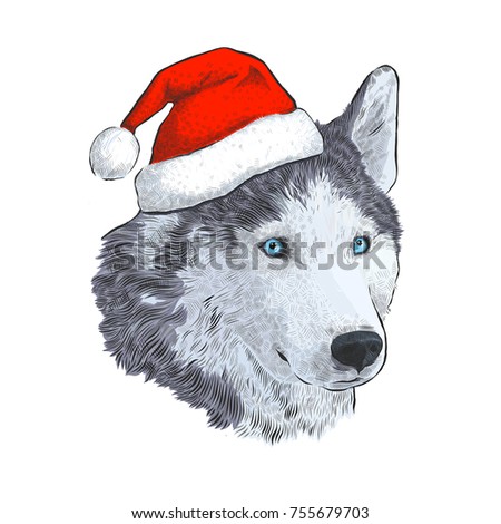 Husky in Santa hat. Portrait Engraving hand drawing isolated on white background. Dog - symbol of New Year 2018. Art vector Illustration