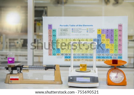 Scientists are weighing beakers with chemicals in scales with Three-arm scales, Digital weighing scales and Spring scales. The background is a periodic table of the element.Used in the laboratory