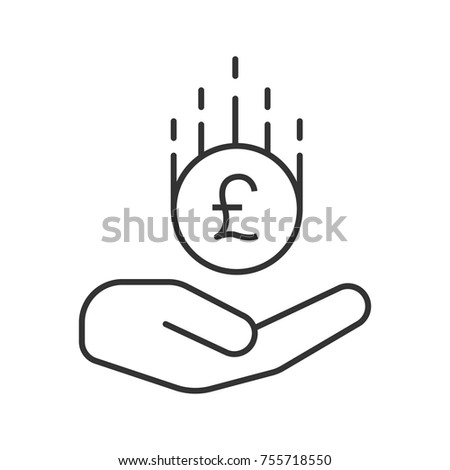 Open hand with British pound linear icon. Thin line illustration. Saving money. Contour symbol. Vector isolated outline drawing