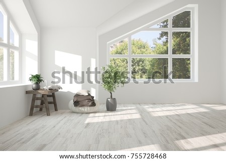 White empty room with summer landscape in window. Scandinavian interior design. 3D illustration
