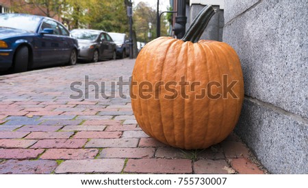 Pumpkins decorating doorsteps on Halloween day.