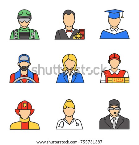 Professions color icons set. Soldier, graduate student, driver, secretary, deliveryman, firefighter, doctor, bodyguard, croupier. Isolated vector illustrations