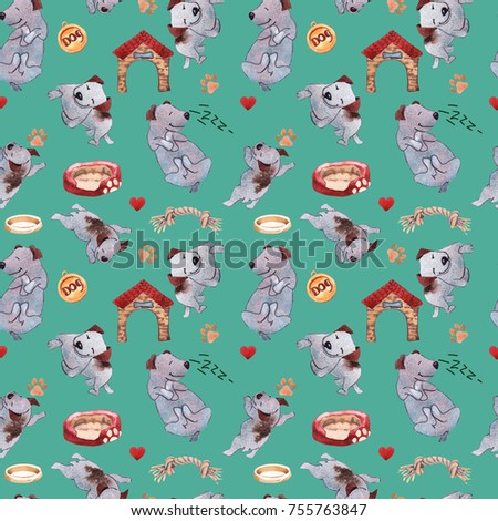 Puppy dog playing with ball hand drawing watercolor seamless pattern