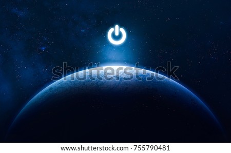 Earth planet in blue gradient style with electric power button. HUD key. On/off light switch. Elements of this image furnished by NASA Royalty-Free Stock Photo #755790481