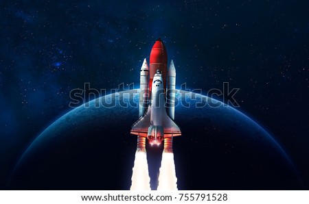 Space shuttle launch in the open space over the Earth. Blue gradient. Space art wallpaper. Elements of this image furnished by NASA Royalty-Free Stock Photo #755791528