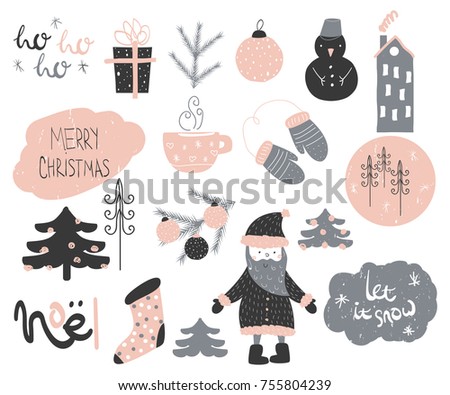Cute christmas doodle elements collection. Vector hand drawn illustration.