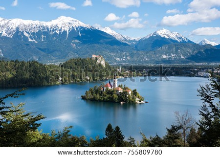 Church of the Assumption with the castle in background, Bled, Slovenia