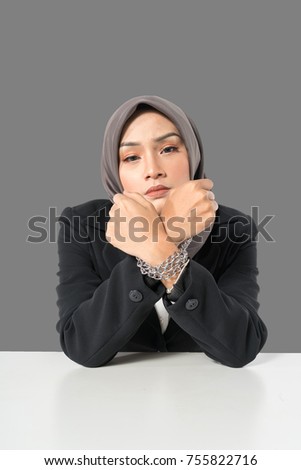 Hijab businesswoman and chain with white background.