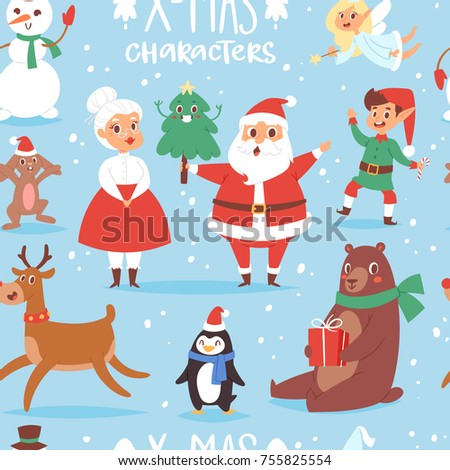Christmas vector characters cute cartoon Santa Claus, snowman, Reindeer, Xmas bear, Santa wife, dog New Year symbol, elf child boy individual characteristics illustration seamless pattern background