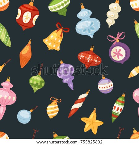 Christmas tree toys vector decorations balls, circle, stars, bells for decorate New Year Xmas tree brances illustration seamless pattern background.