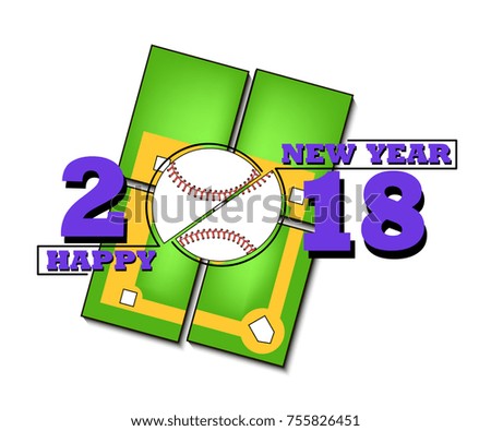 Happy new year 2018 and  baseball against the background of a tennis field. Vector illustration