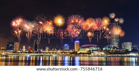 beautiful firework over cityscape of Singapore city at night Royalty-Free Stock Photo #755846716