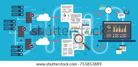 Laptop accessing data from cloud computers. Concepts big data analysis, data mining, cloud computing devices, data network and business intelligence. Flat vector illustration. Royalty-Free Stock Photo #755853889