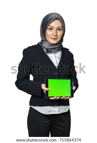 hijab student and tablet with white background.