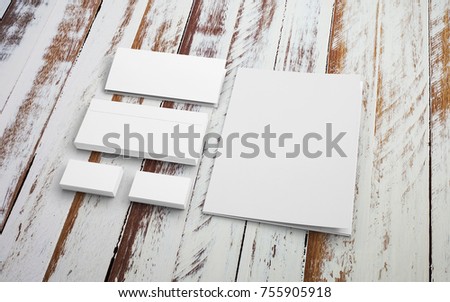 Blank stationery set on wooden background. Photo to showcase your design presentation. Isometric view.