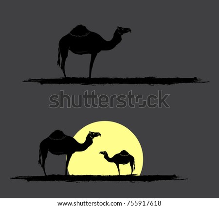Camel Silhouettes in Sunset Vector