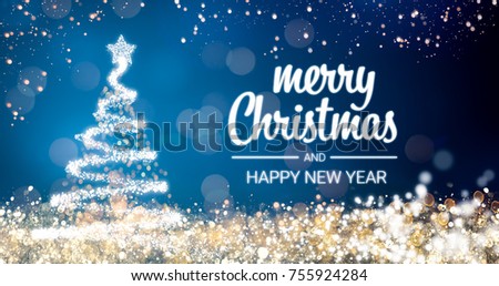 sparkling gold and silver lights xmas tree Merry Christmas and Happy New Year greeting message on blue background,snow flakes,bright lights decoration.Elegant holiday season social post digital card