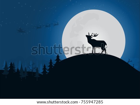 silhouette deer with moon light on the hill in forest winter season. Vector illustration christmas concept