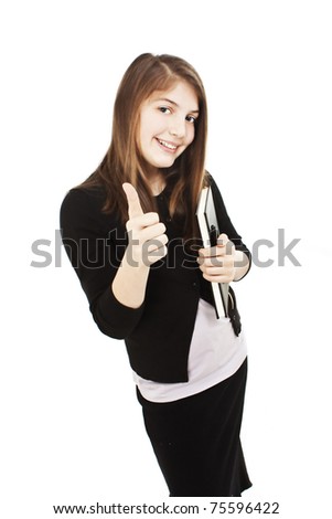 Beautiful young female student, showing OK sign