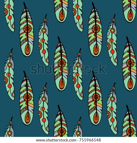 Feathers Boho Seamless Pattern. Tribal Ethnic Background Texture. Clothing Design, Wallpaper, Wrapping. Vector Indian Ornament.