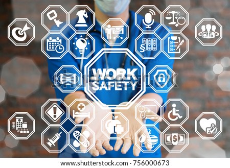 Work Safety Medicine concept. Safe Health, Security Workplace. Medical worker using virtual interface offers work safety text icon.