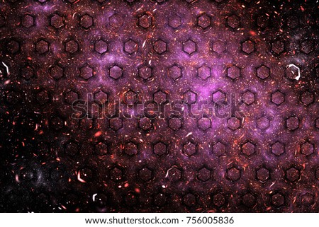 Abstract geometric texture with red, pink and golden sparkles. Fantasy hexagonal fractal design. Digital art. 3D rendering.