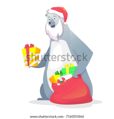 Bear gives Christmas presents. Bear in Santa Claus hat