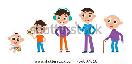 Set of cute man in cartoon style isolated on white. Male characters, the cycle of life, stages of growing up from baby to grandfather.