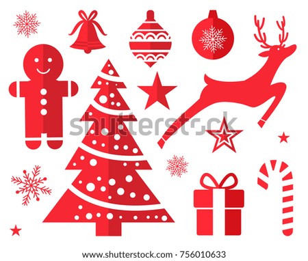 Christmas symbols and decorations drawn in red isolated on white background. Vector illustration with xmas tree with reindeer and present in festive box